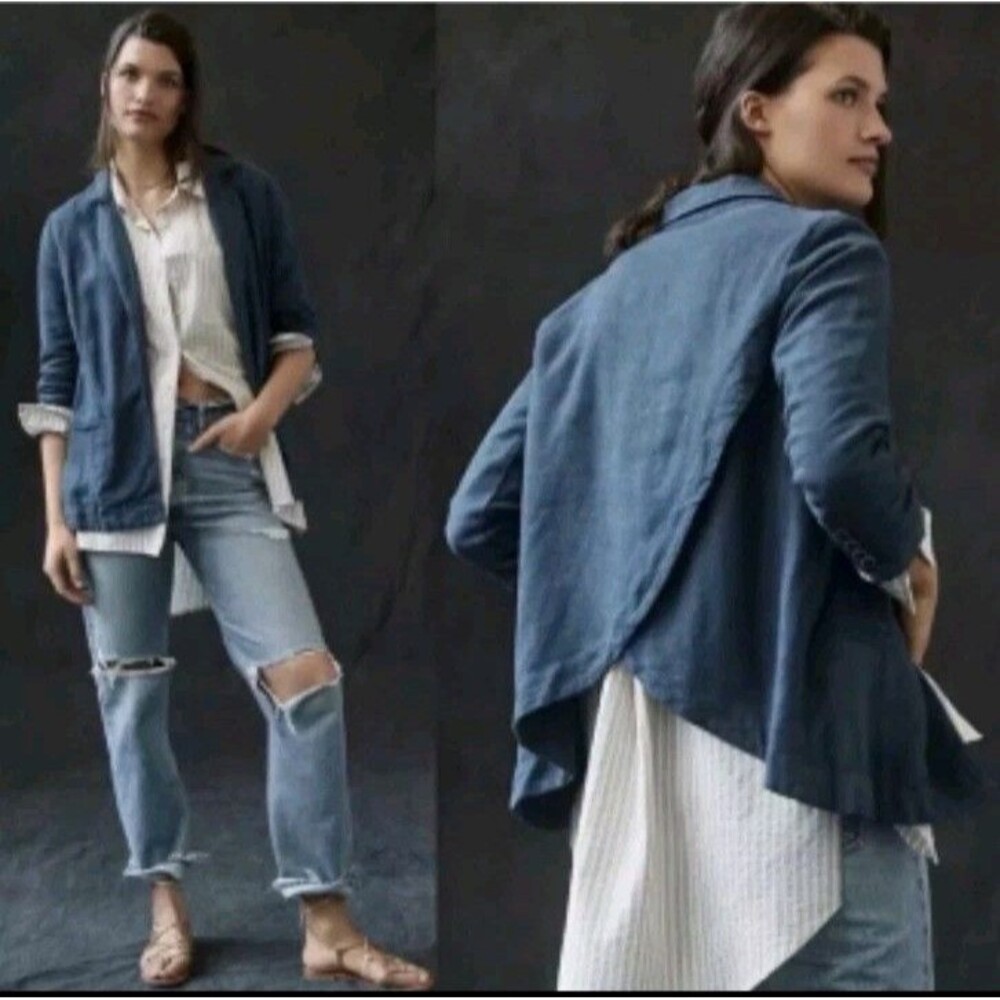 Anthropologie Blue Linen Blend Cardigan Blazer Open Front Women’s 8 Lagenlook